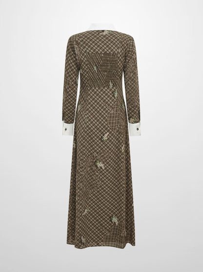 Collared Ruched Back Long Sleeve Shirtdress - Plaid Floral