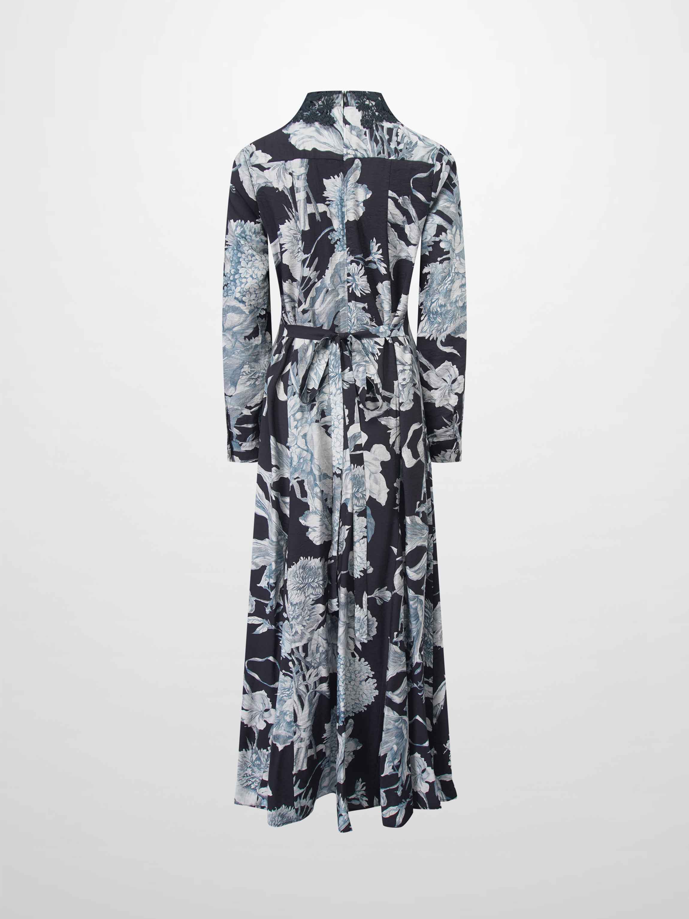 Lace Collar Princess A-Line Dress-Blue Floral