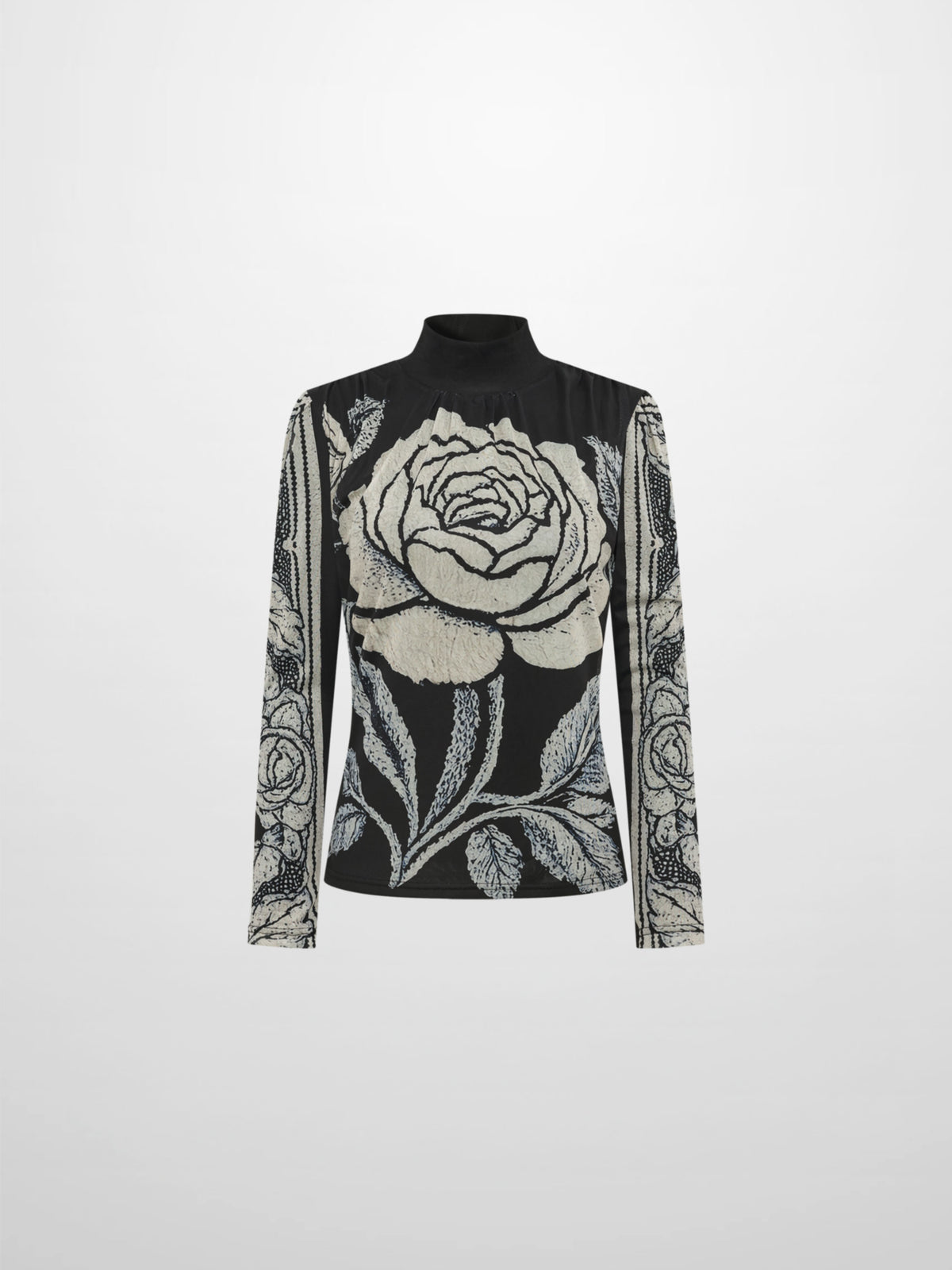 High Neck Mesh Printed Top - Cream Black Floral