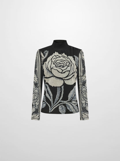 High Neck Mesh Printed Top - Cream Black Floral