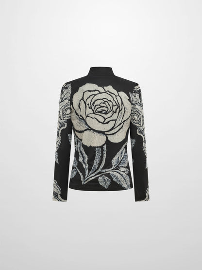 High Neck Mesh Printed Top - Cream Black Floral