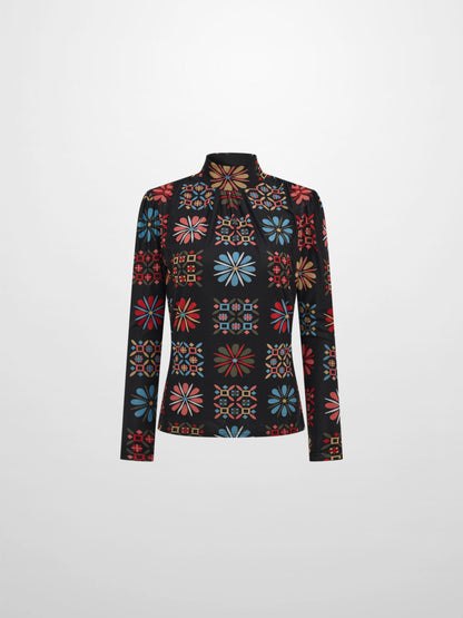 High Neck Mesh Printed Top - Color Geo Floral