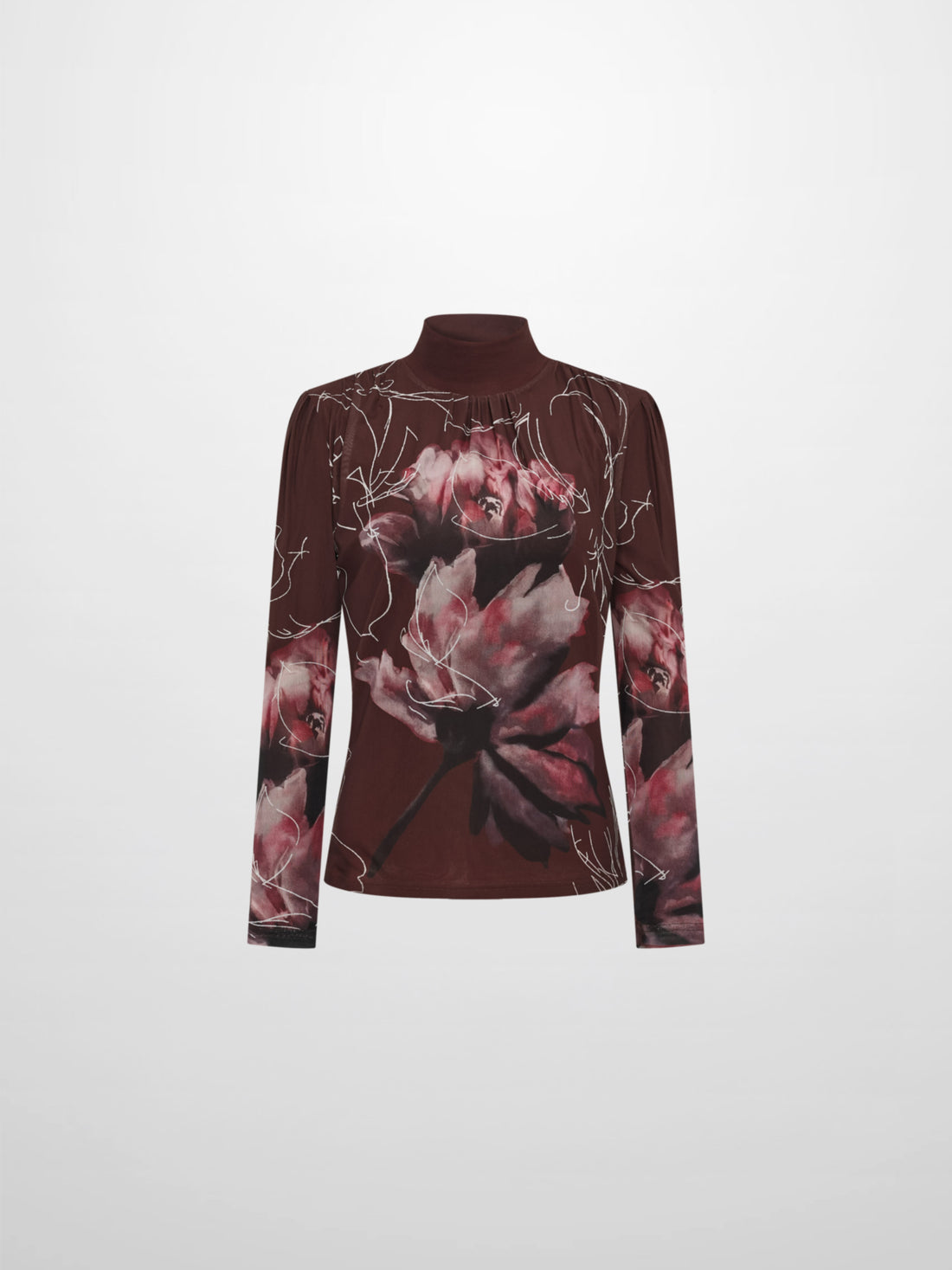 High Neck Mesh Printed Top - Burgundy Floral