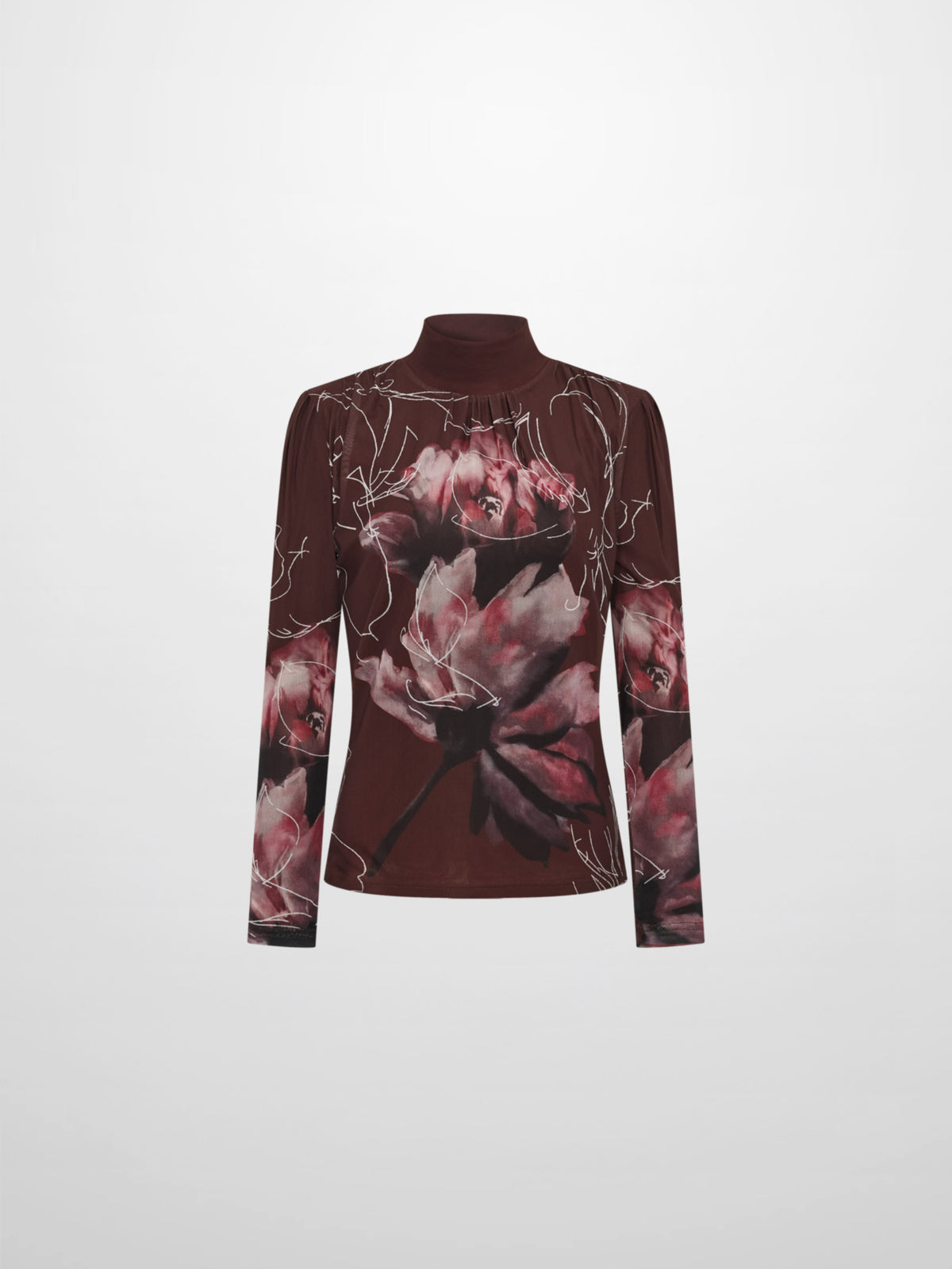 High Neck Mesh Printed Top - Burgundy Floral