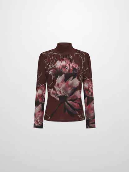 High Neck Mesh Printed Top - Burgundy Floral