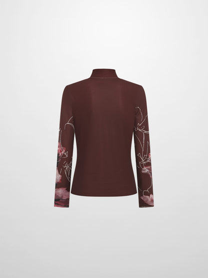 High Neck Mesh Printed Top - Burgundy Floral