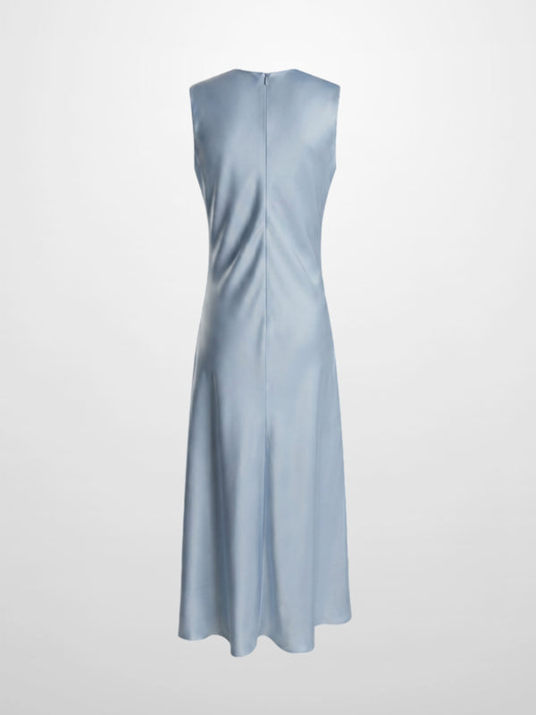 Faux Satin Crew Neck Slip Dress-Light Blue