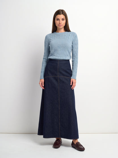 Curved Yoke Aline Denim Skirt - Blue