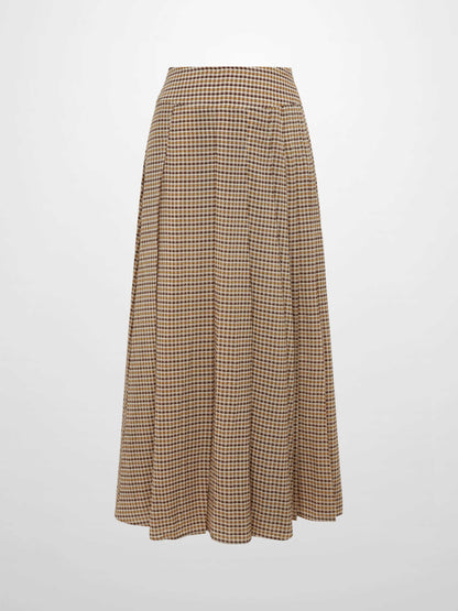 Plaid Stitch Down Pleat Skirt - Brown