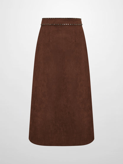 Faux Wrap Stud Skirt - Brown