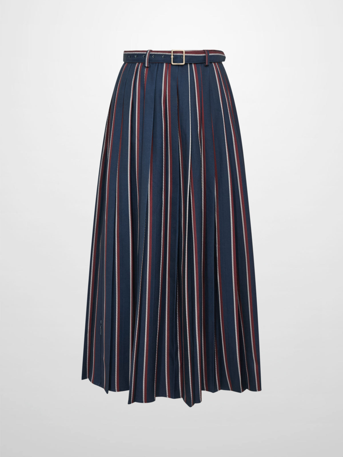 Pleated Waist Belted Skirt - Navy Stripe