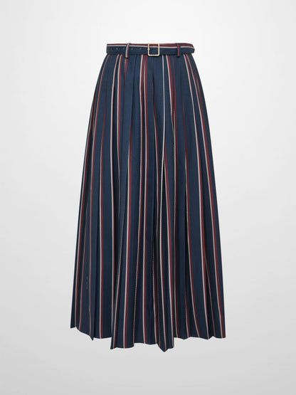 Pleated Waist Belted Skirt - Navy Stripe