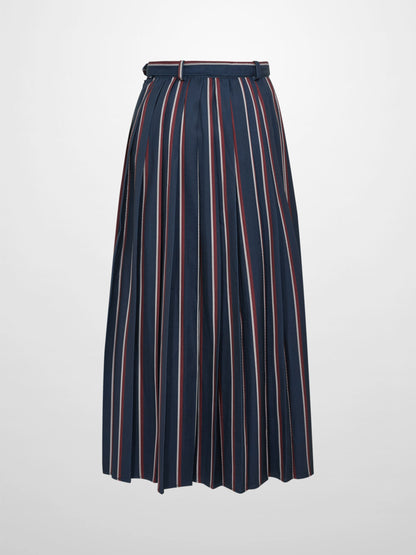 Pleated Waist Belted Skirt - Navy Stripe