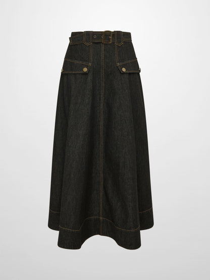 Belted Full Denim Skirt - Black