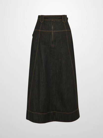 Belted Full Denim Skirt - Black