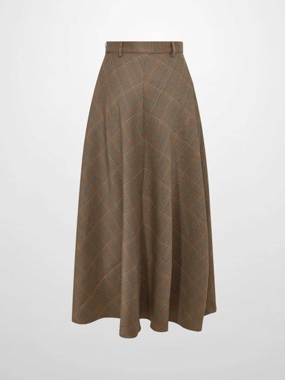 Full Circle Waisted Skirt - Brown Herringbone Plaid