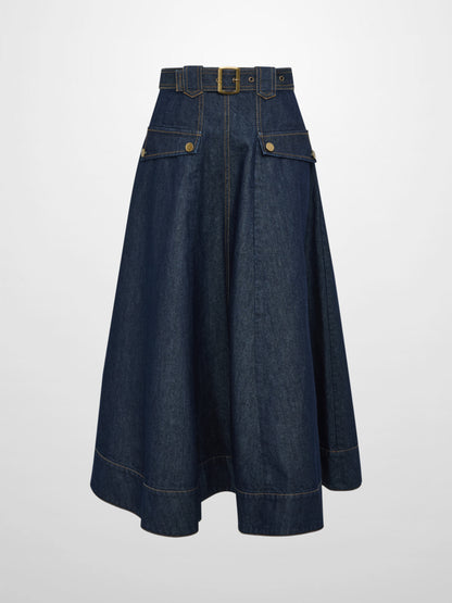 Belted Full Denim Skirt - Blue