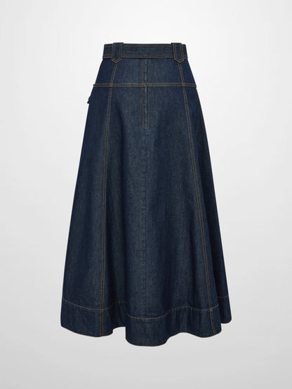 Belted Full Denim Skirt - Blue