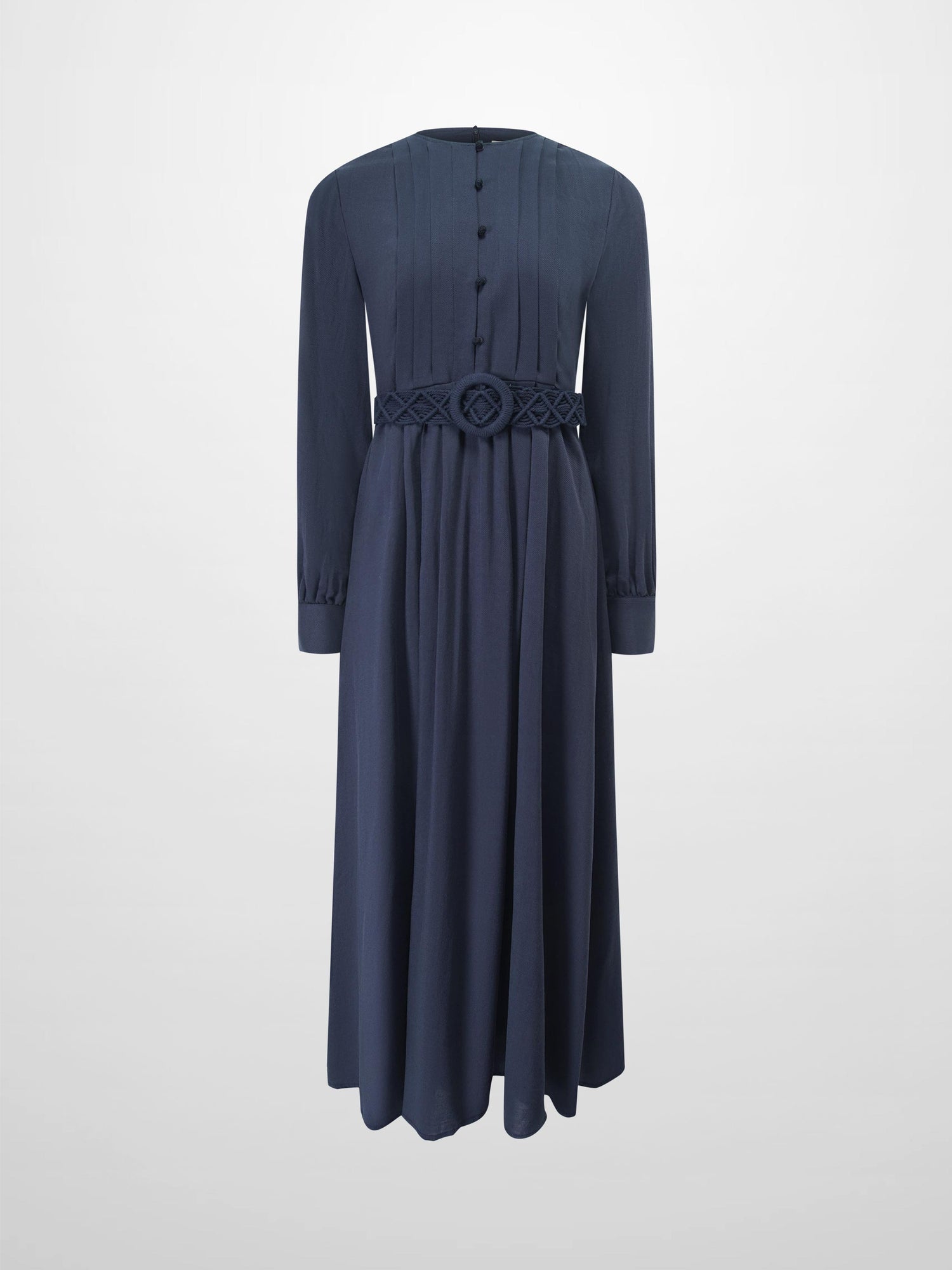 Solei Women's Silk Linen Blend Maxi Dress | Pleated Top Braided Belt Long Sleeve Elegant Dress - Size 4 - Navy Blue Solei Women's Silk Linen Blend Maxi Dress | Pleated Top Braided Belt Long Sleeve Elegant Dress - Size 4 - Navy Blue