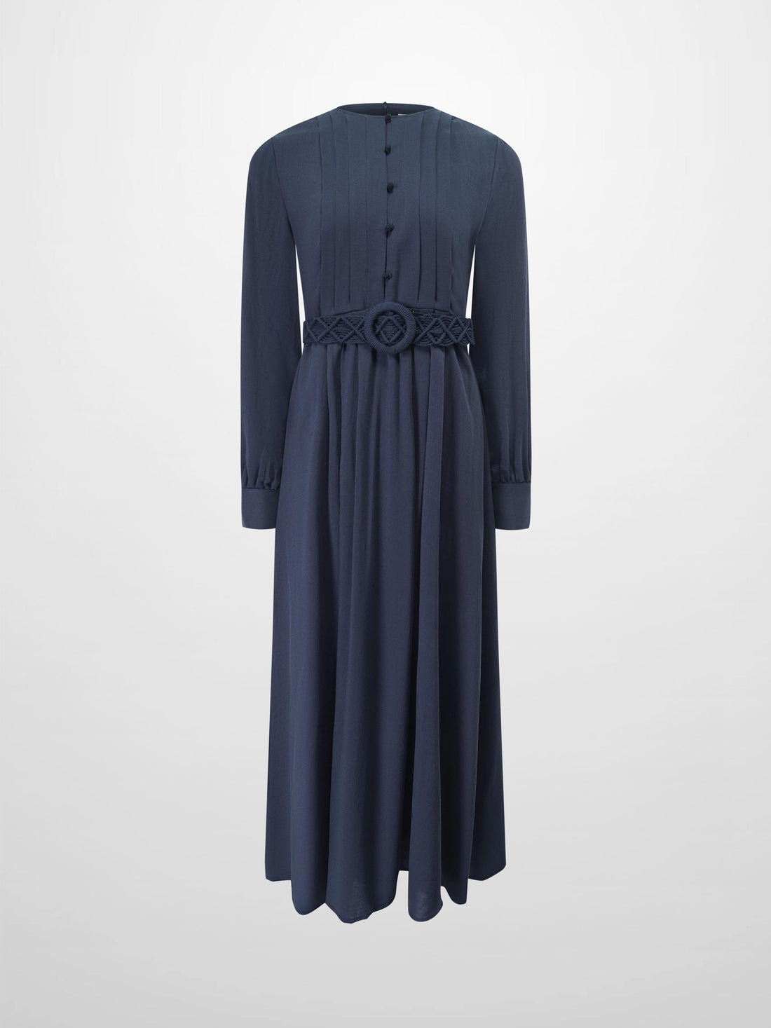 Pleat Top Silk/Linen Blend Dress-Navy