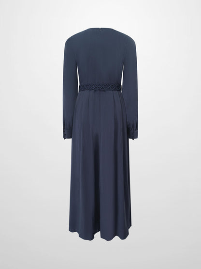 Pleat Top Silk/Linen Blend Dress-Navy
