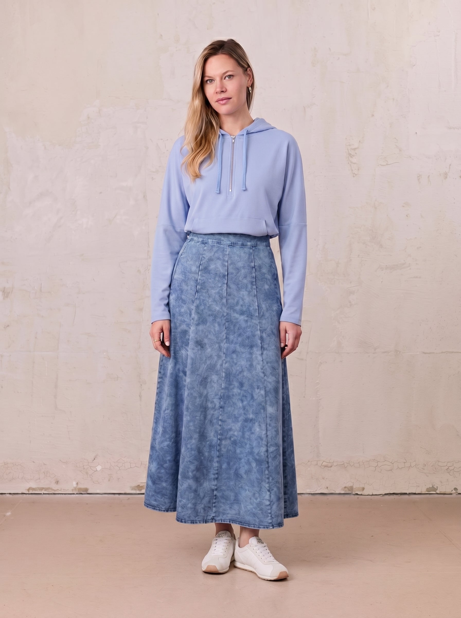 Ribbed Half Zip Hoodie Tee-Sky Blue