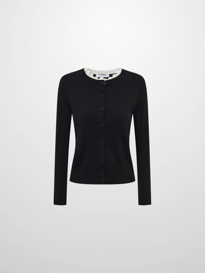 Eyelet Knit Trim Cardigan - Black
