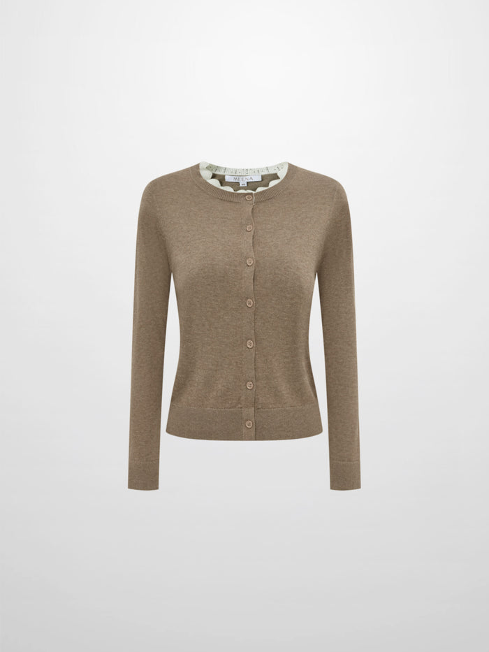 Eyelet Knit Trim Cardigan - Warm Taupe