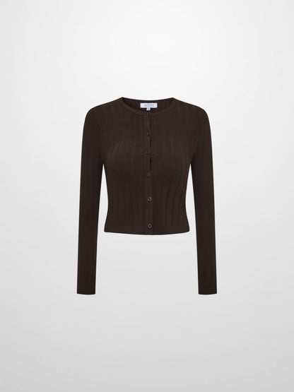 Silk Knit Ribbed Cardigan 17"- Brown