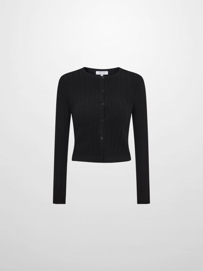 Silk Knit Ribbed Cardigan 17"- Black