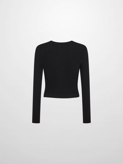 Silk Knit Ribbed Cardigan 17"- Black