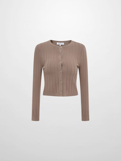 Silk Knit Ribbed Cardigan 17"- Warm Taupe
