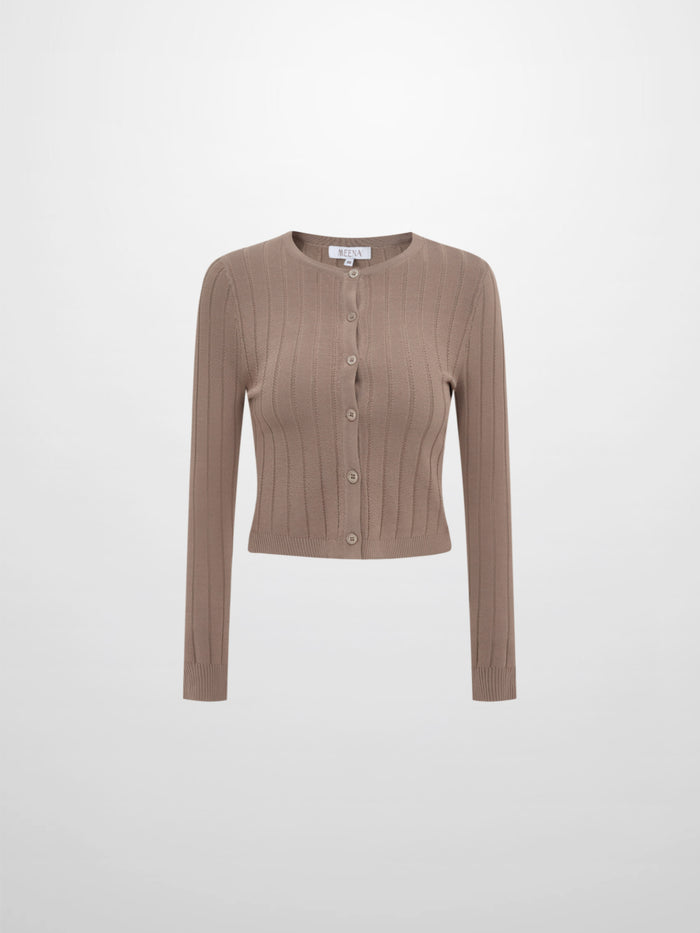 Silk Knit Ribbed Cardigan 17"- Warm Taupe