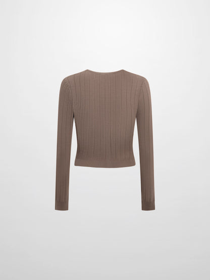 Silk Knit Ribbed Cardigan 17"- Warm Taupe