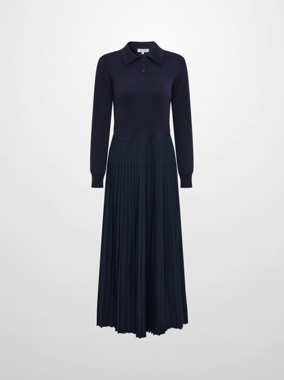 Knit Polo Top Pleat Dress - Solid Navy