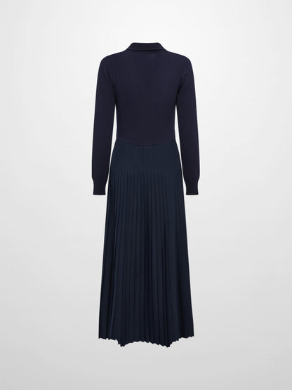 Knit Polo Top Pleat Dress - Solid Navy