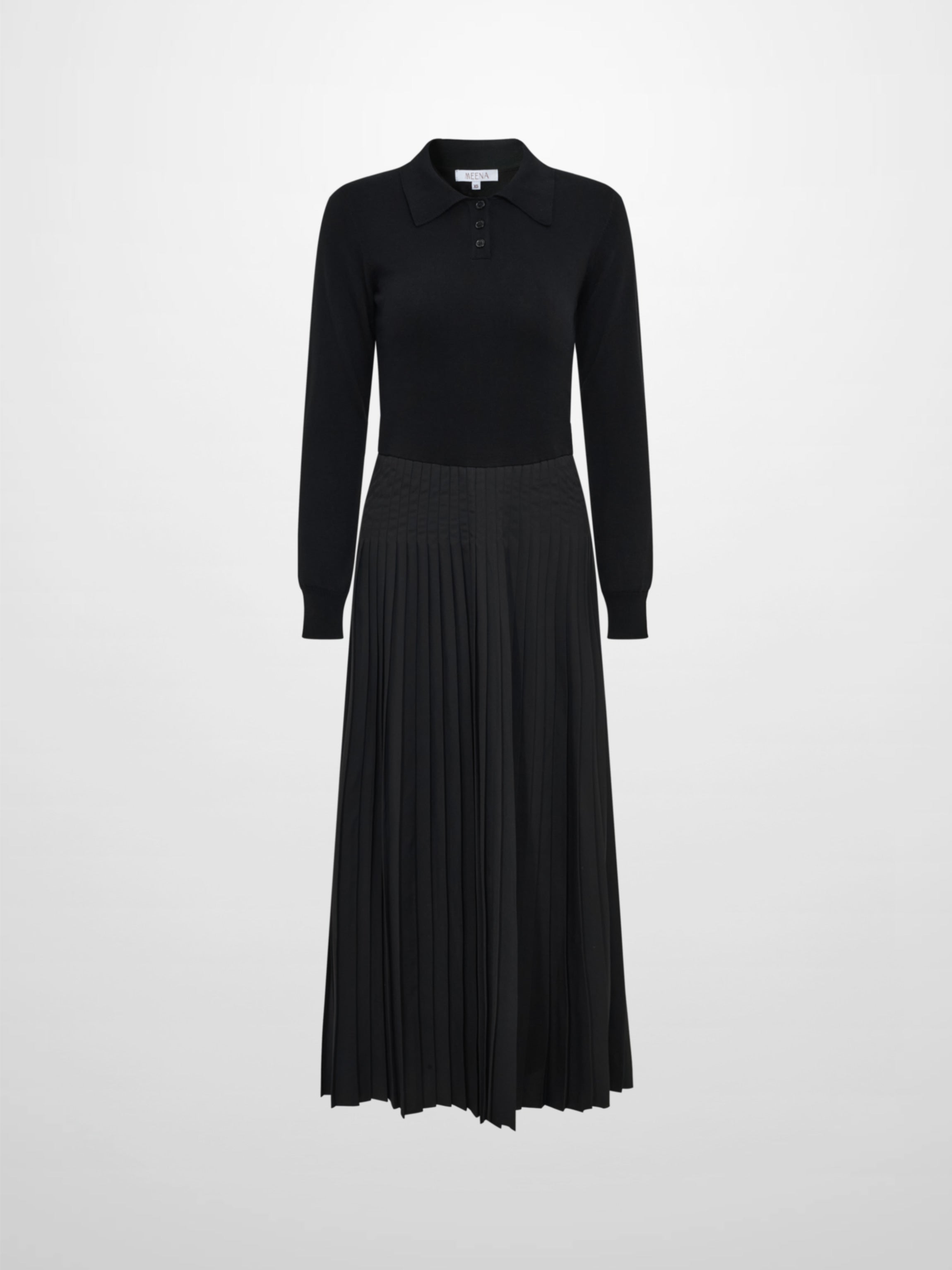 Knit Polo Top Pleat Dress - Solid Black