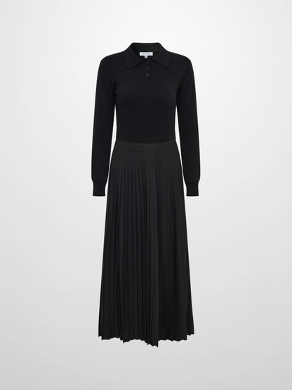 Knit Polo Top Pleat Dress - Solid Black