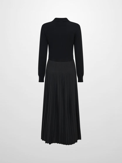 Knit Polo Top Pleat Dress - Solid Black