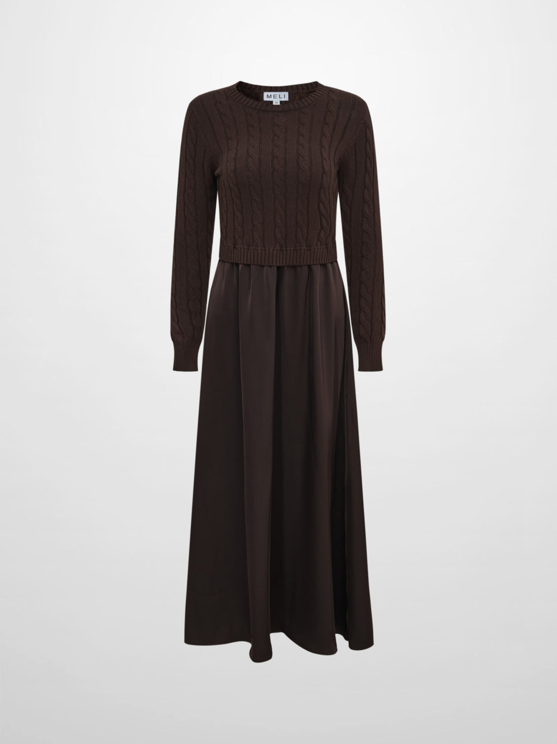 Cable Knit Faux Satin Bottom Dress - Brown