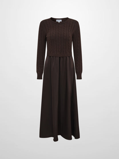 Cable Knit Faux Satin Bottom Dress - Brown