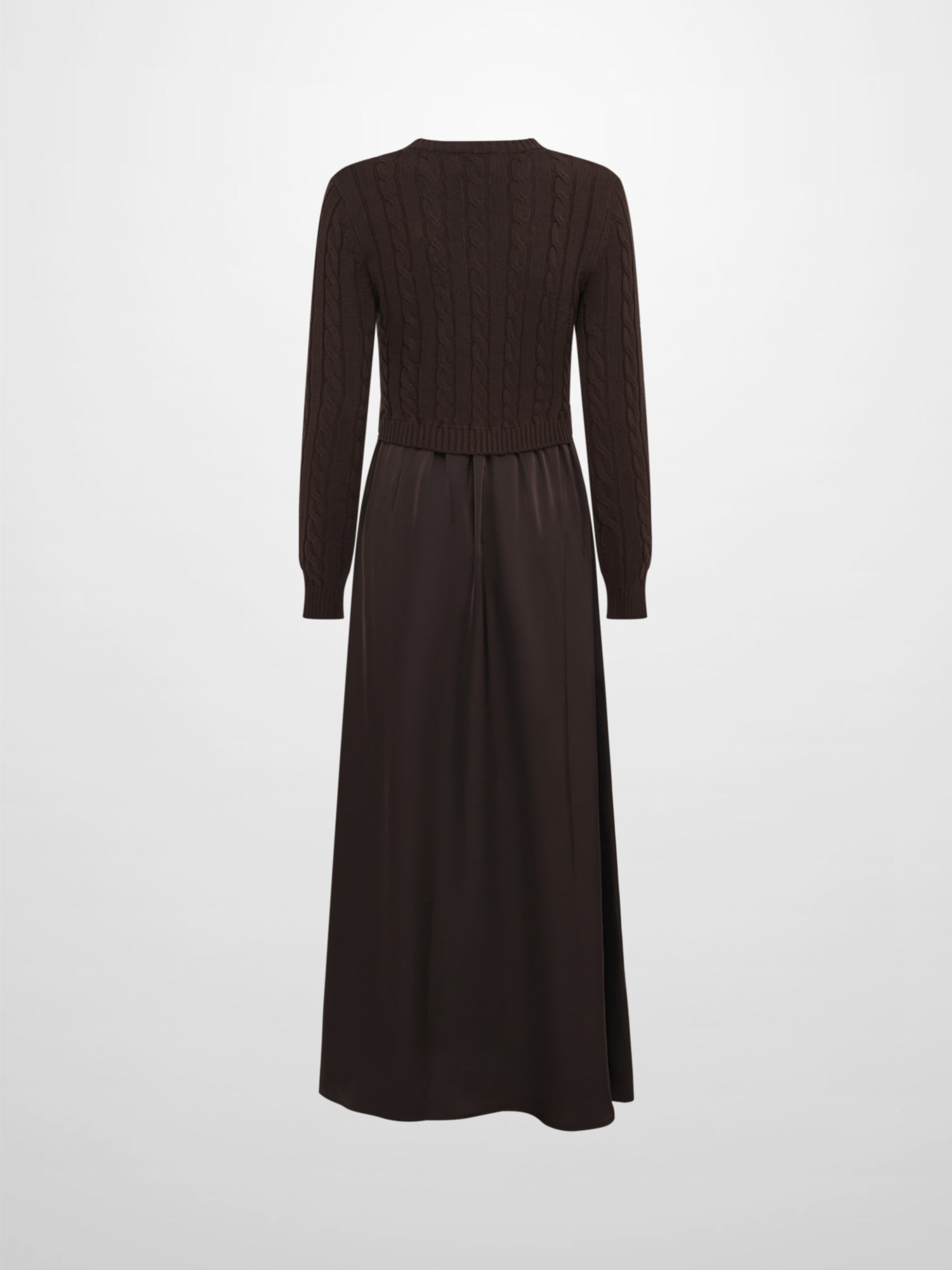 Cable Knit Faux Satin Bottom Dress - Brown
