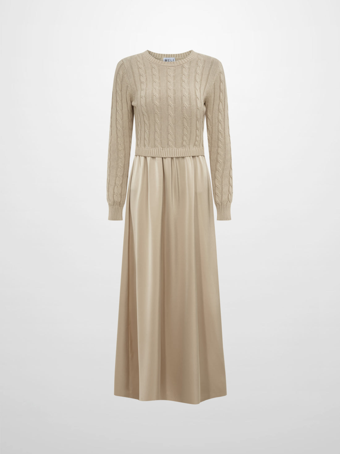 Cable Knit Faux Satin Bottom Dress - LT Tan