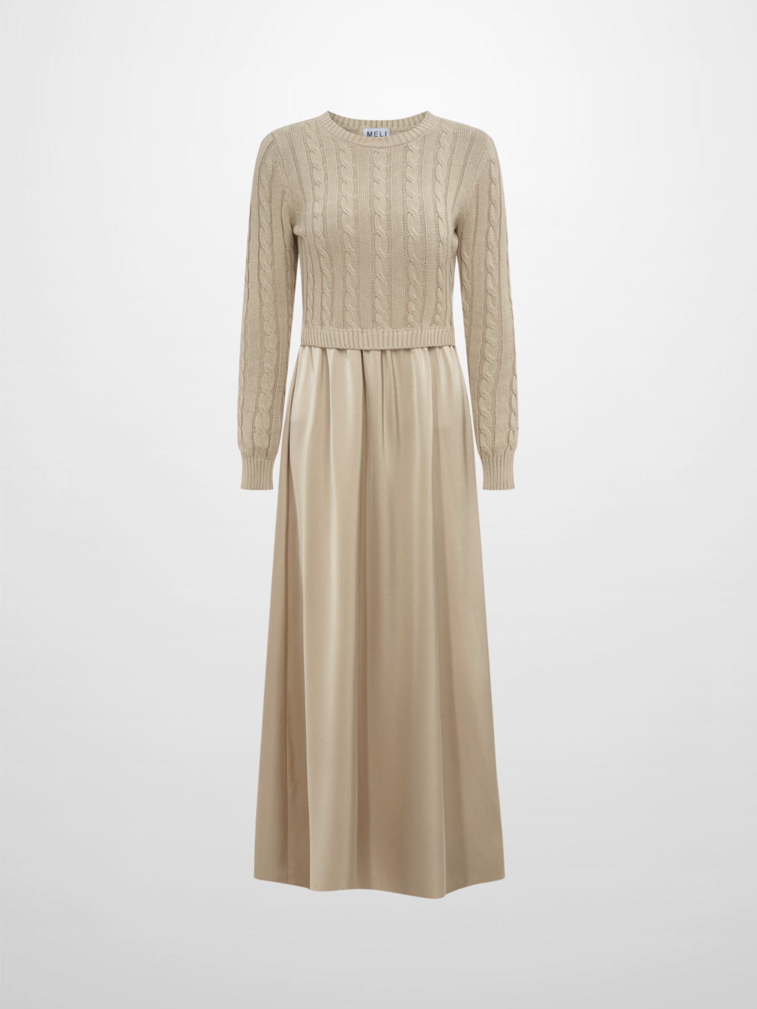 Cable Knit Faux Satin Bottom Dress - LT Tan