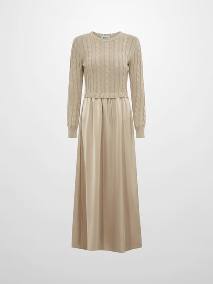 Cable Knit Faux Satin Bottom Dress - LT Tan