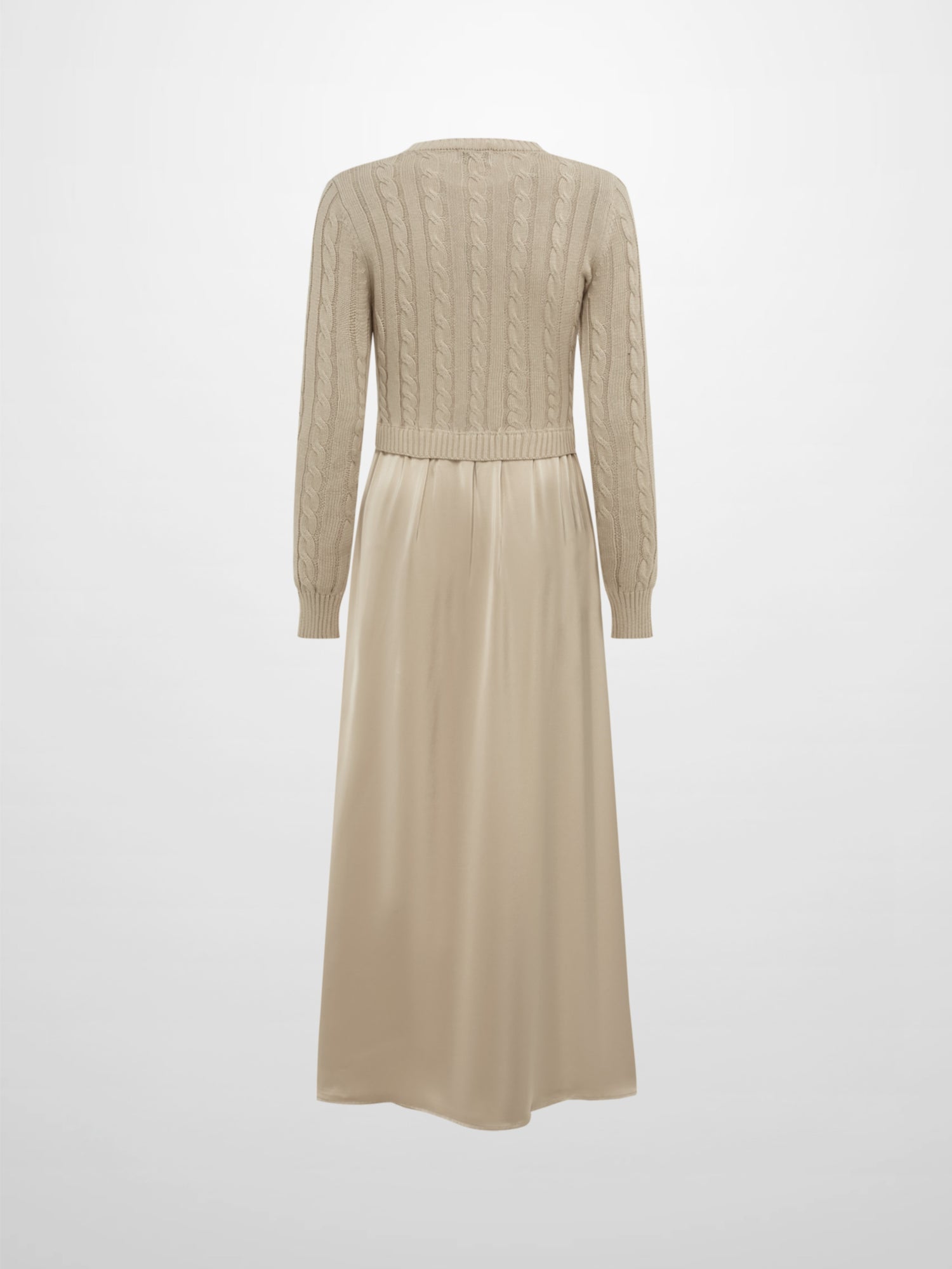 Cable Knit Faux Satin Bottom Dress - LT Tan