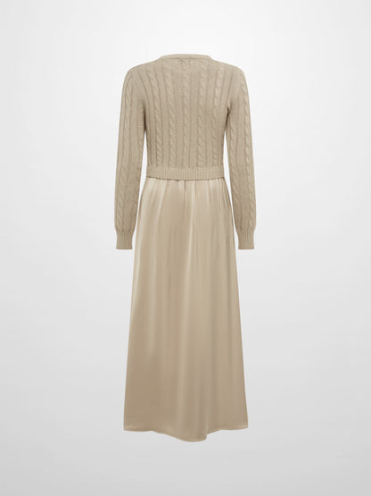Cable Knit Faux Satin Bottom Dress - LT Tan