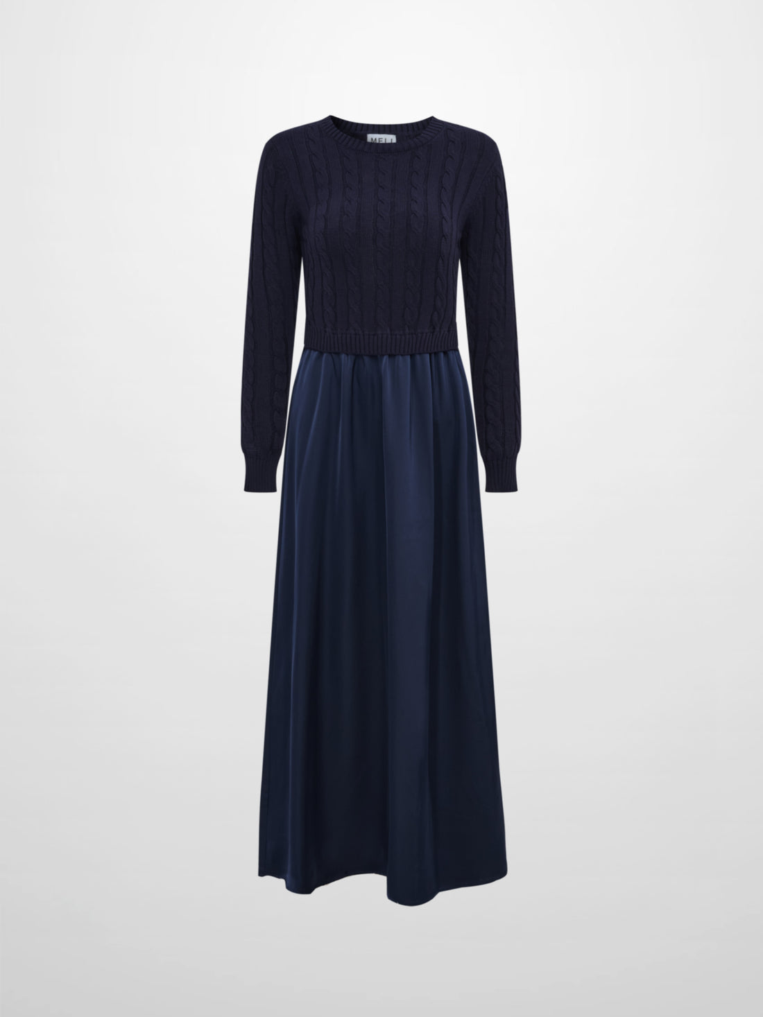 Cable Knit Faux Satin Bottom Dress - Navy Blue