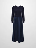 Cable Knit Faux Satin Bottom Dress - Navy Blue