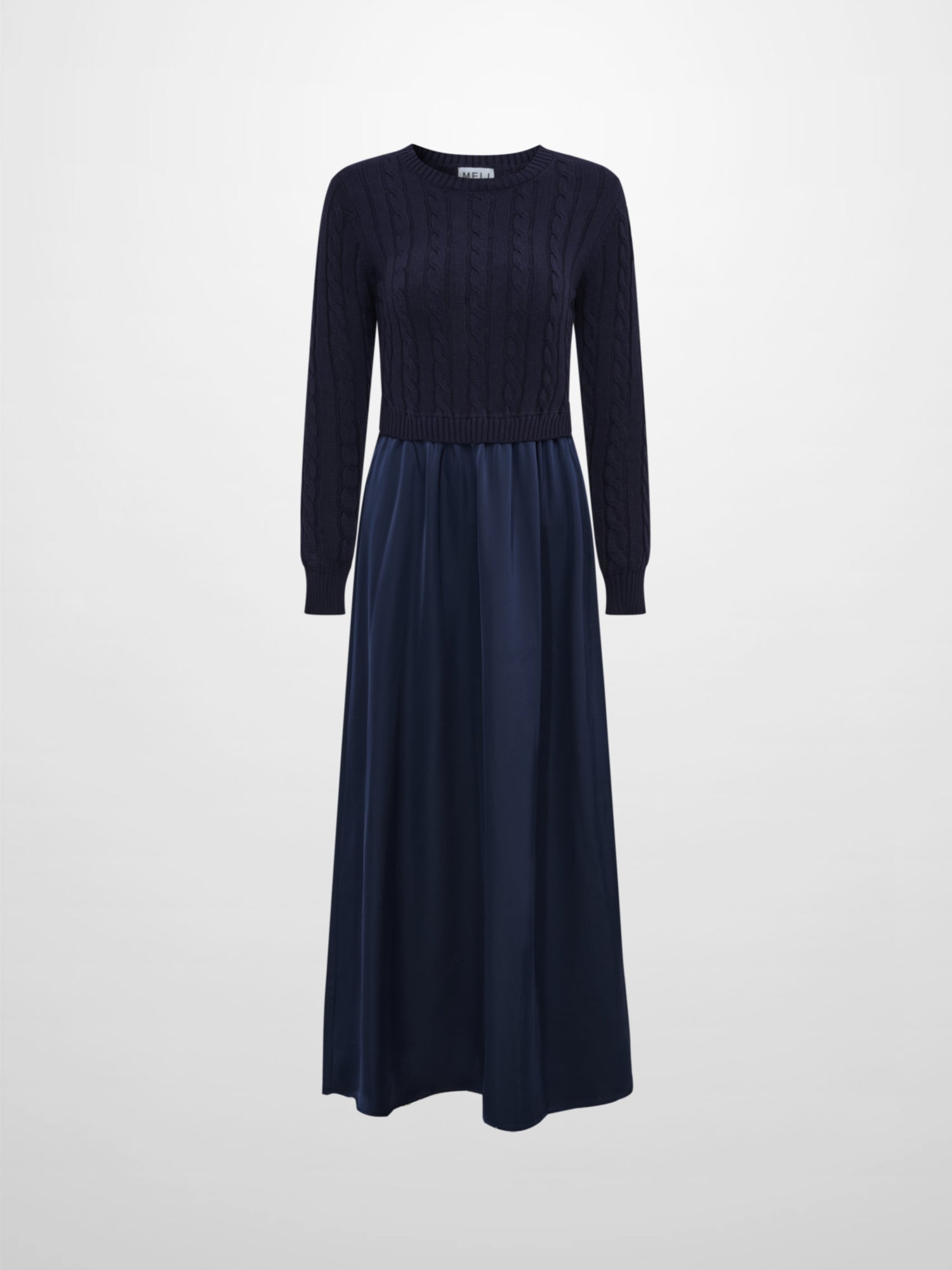 Cable Knit Faux Satin Bottom Dress - Navy Blue
